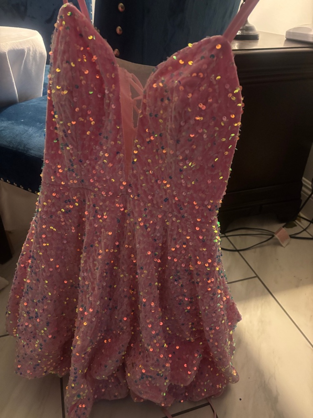 Source Unknown Pink Sequin Midi Dress with Spaghetti Straps